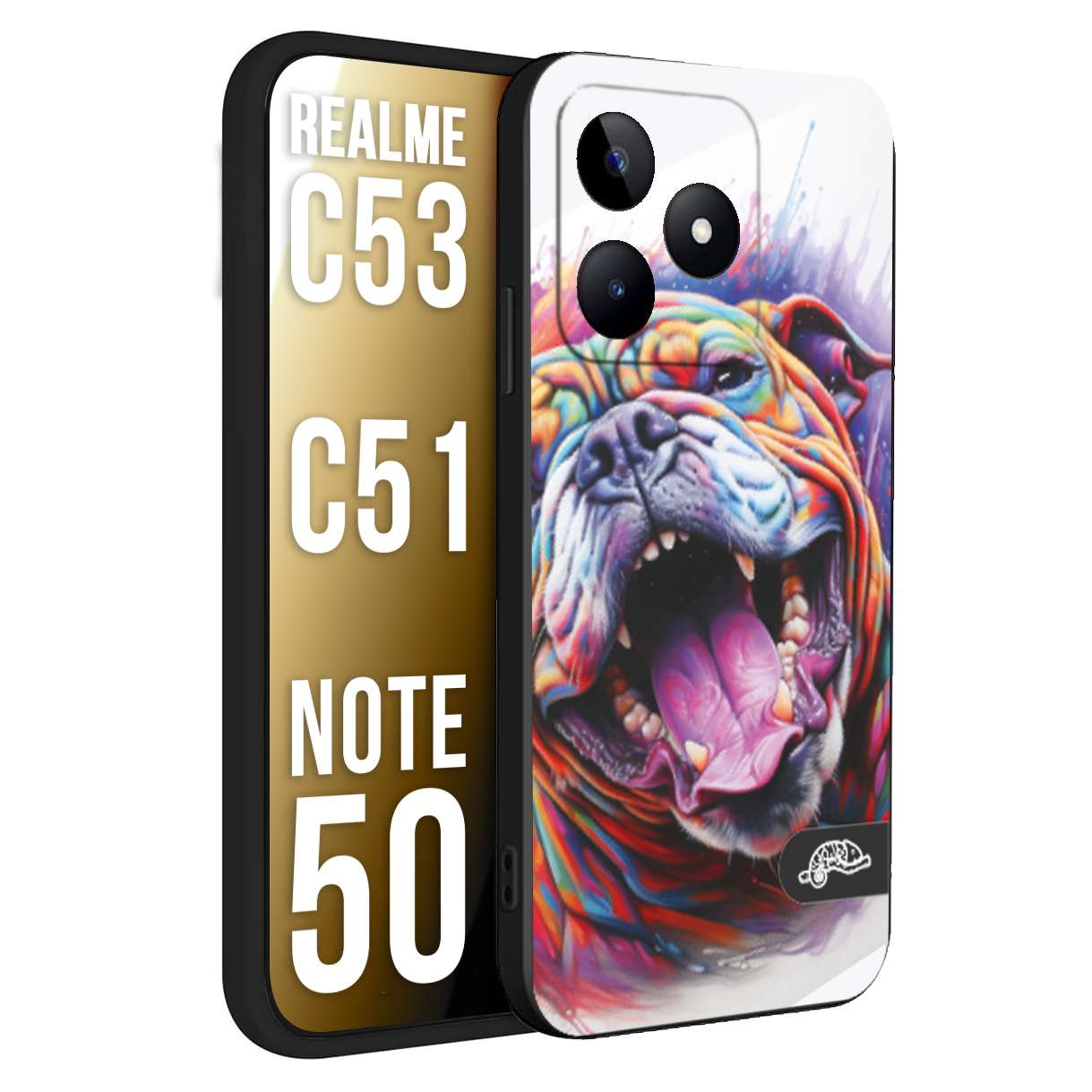 CUSTOMIZZA - Custodia cover nera morbida in tpu compatibile per Oppo Realme C53 - C51 - NOTE 50 animali color bulldog cane dog colori vibranti disegnato schizzo