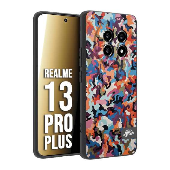 CUSTOMIZZA - Custodia cover nera morbida in tpu compatibile per Realme 13 PRO PLUS camouflage mimetico militare moderno blu arancio rosa