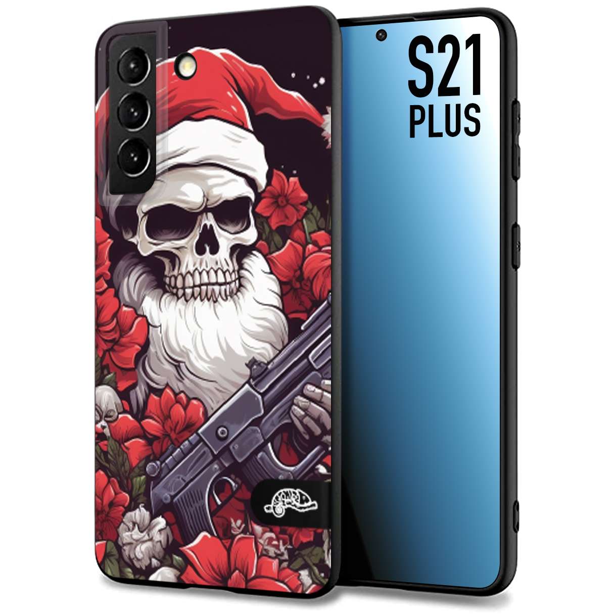 CUSTOMIZZA - Custodia cover nera morbida in tpu compatibile per Samsung S21 PLUS teschio natale santa claus fiori tattoo disegnato