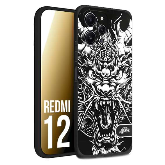 CUSTOMIZZA - Custodia cover nera morbida in tpu compatibile per Xiaomi Redmi 12 drago black and white bianco a rilievo disegnato tattoo tatuaggio