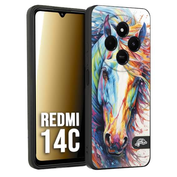 CUSTOMIZZA - Custodia cover nera morbida in tpu compatibile per Xiaomi Redmi 14C animali color cavallo horse viso colori vibranti disegnato schizzo