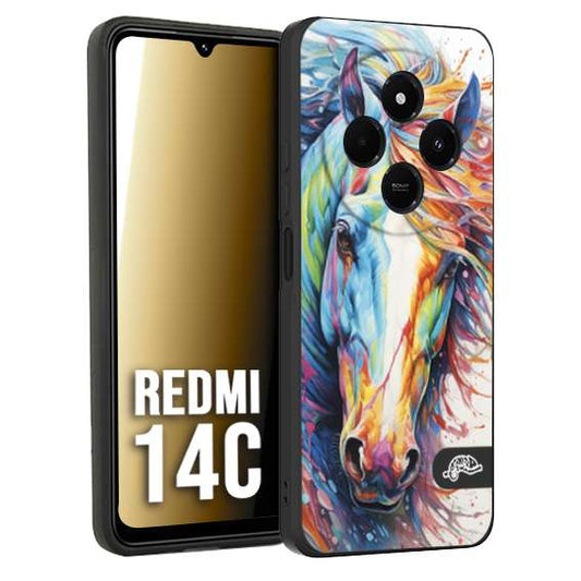 CUSTOMIZZA - Custodia cover nera morbida in tpu compatibile per Xiaomi Redmi 14C animali color cavallo horse viso colori vibranti disegnato schizzo