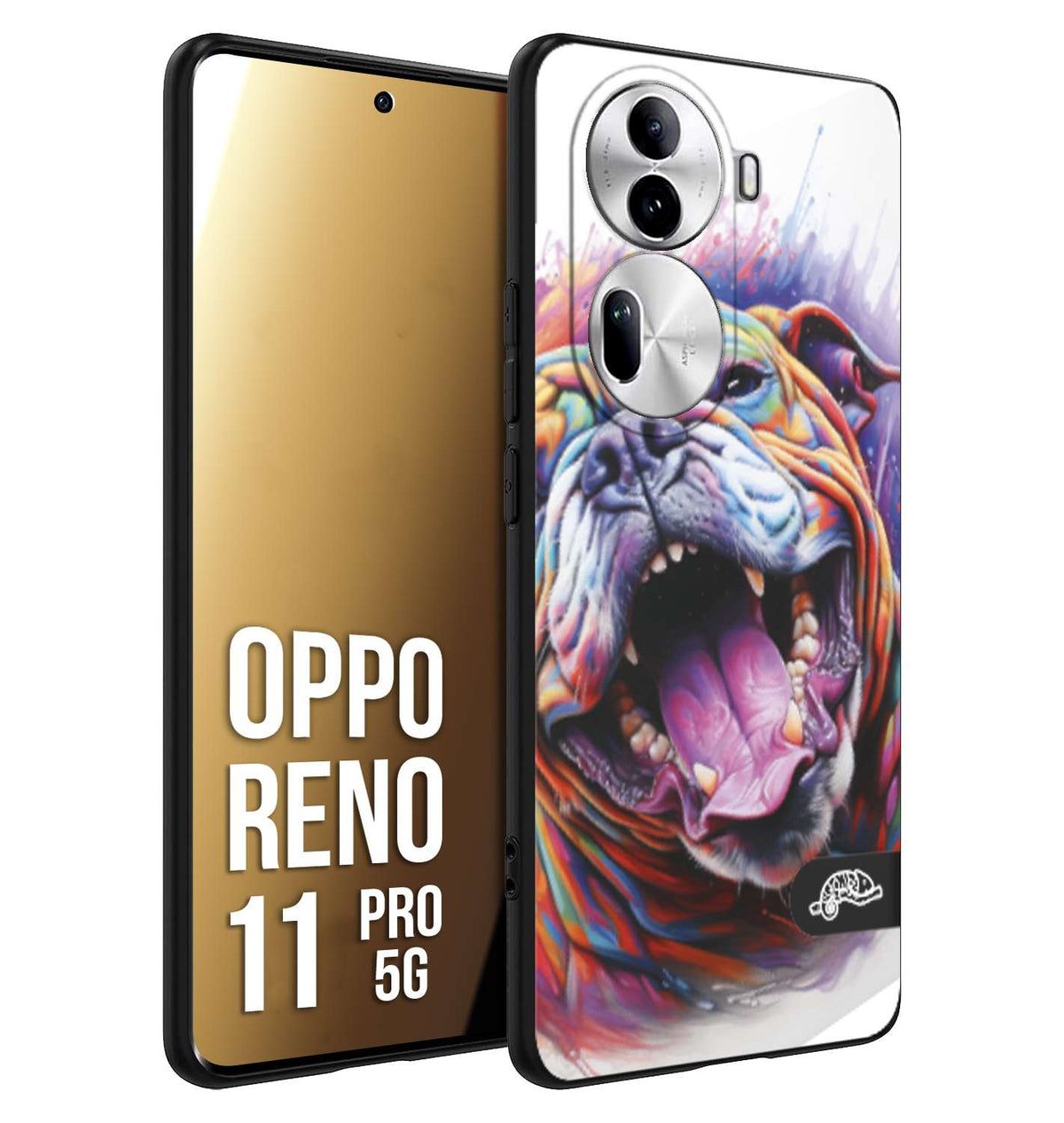 CUSTOMIZZA - Custodia cover nera morbida in tpu compatibile per Oppo Reno 11 PRO 5G animali color bulldog cane dog colori vibranti disegnato schizzo