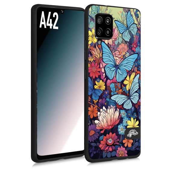 CUSTOMIZZA - Custodia cover nera morbida in tpu compatibile per Samsung A42 farfalle butterfly moderno donna disegnate gialla blu rosa