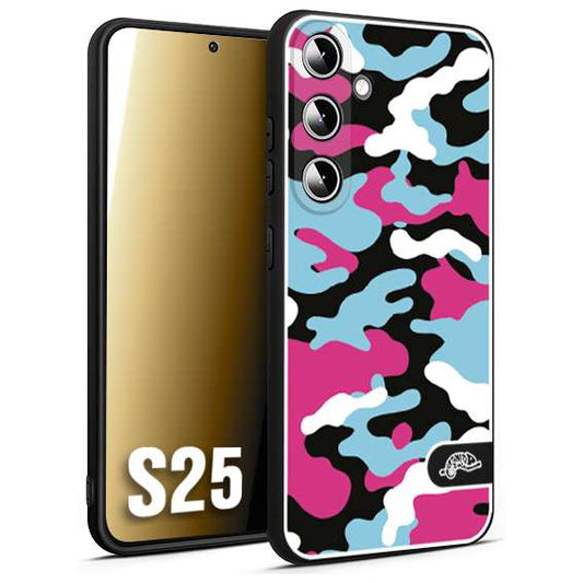 CUSTOMIZZA - Custodia cover nera morbida in tpu compatibile per Samsung S25 camouflage mimetico militare fucsia celeste