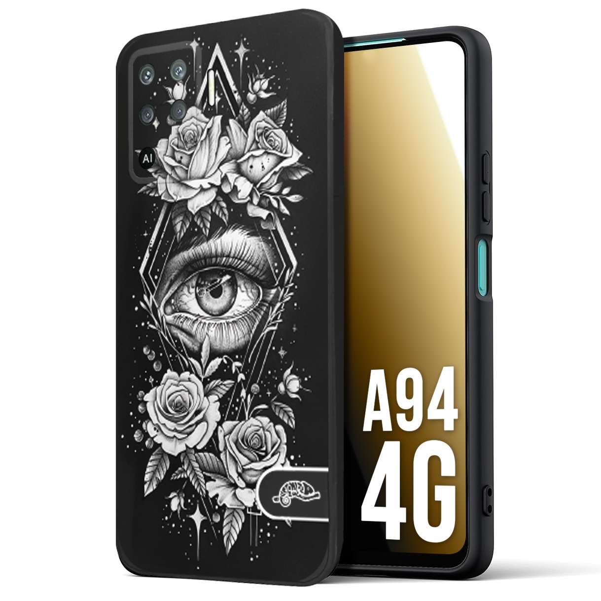 CUSTOMIZZA - Custodia cover nera morbida in tpu compatibile per Oppo A94 4G occhio fiori rombo geometrico black and white bianco a rilievo disegnato tattoo tatuaggio