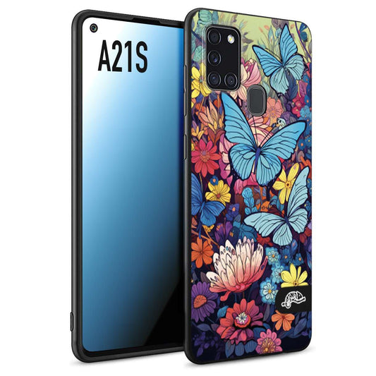 CUSTOMIZZA - Custodia cover nera morbida in tpu compatibile per Samsung A21S farfalle butterfly moderno donna disegnate gialla blu rosa