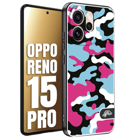 CUSTOMIZZA - Custodia cover nera morbida in tpu compatibile per Oppo Reno 15 PRO camouflage mimetico militare fucsia celeste