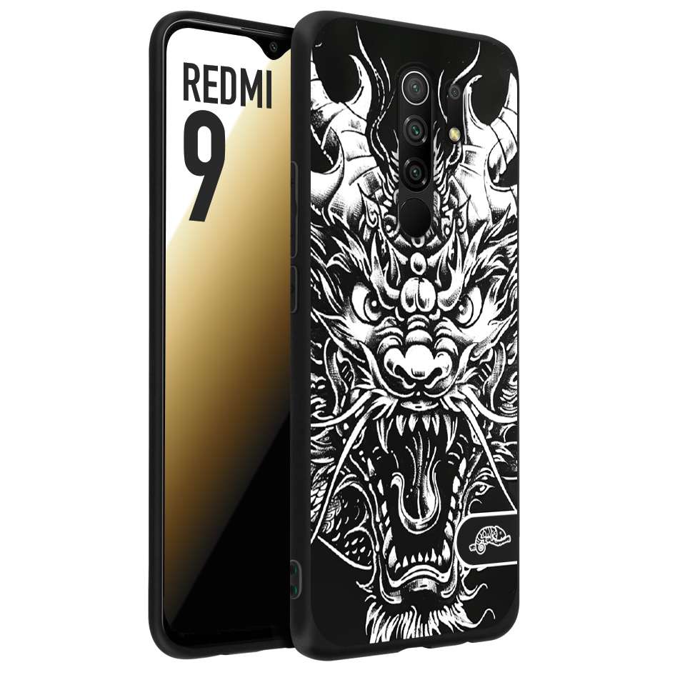 CUSTOMIZZA - Custodia cover nera morbida in tpu compatibile per Xiaomi Redmi 9 drago black and white bianco a rilievo disegnato tattoo tatuaggio