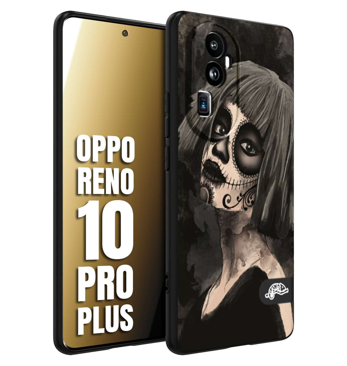 CUSTOMIZZA - Custodia cover nera morbida in tpu compatibile per Oppo Reno 10 PRO PLUS chicana messicana dea de la muerte donna santa tattoo disegnata