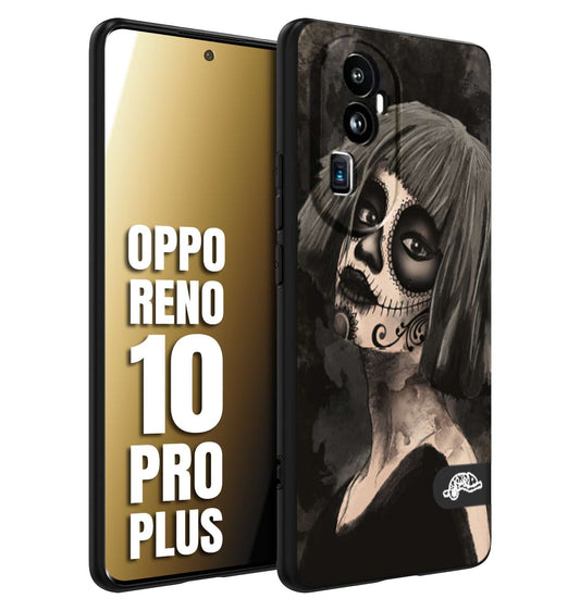 CUSTOMIZZA - Custodia cover nera morbida in tpu compatibile per Oppo Reno 10 PRO PLUS chicana messicana dea de la muerte donna santa tattoo disegnata