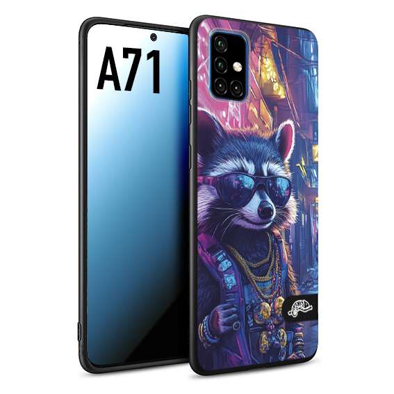 CUSTOMIZZA - Custodia cover nera morbida in tpu compatibile per Samsung A71 animali simpatici cyberpunk procione racoon street cat fucsia blu giallo
