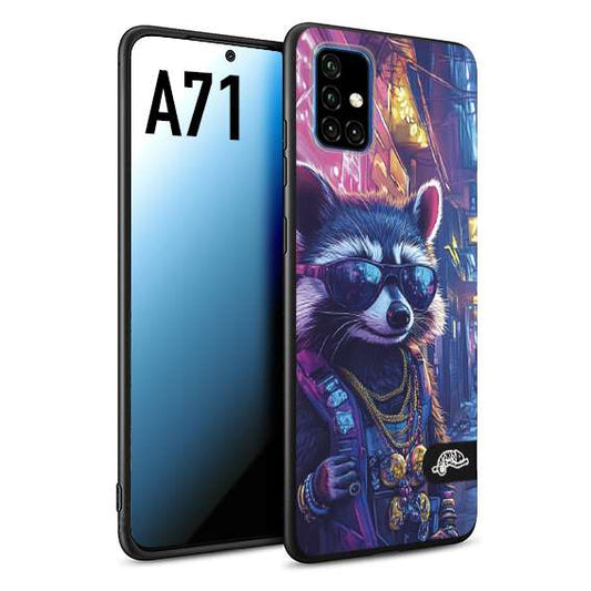 CUSTOMIZZA - Custodia cover nera morbida in tpu compatibile per Samsung A71 animali simpatici cyberpunk procione racoon street cat fucsia blu giallo