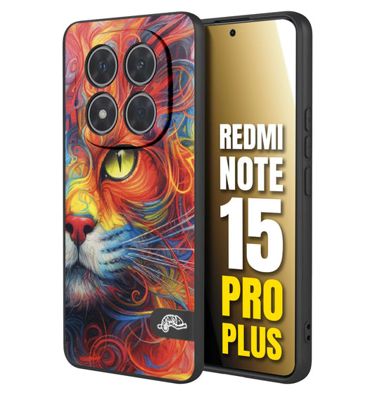 CUSTOMIZZA - Custodia cover nera morbida in tpu compatibile per Xiaomi Redmi Note 15 PRO PLUS animali color cat gatto viso colori vibranti disegnato schizzo