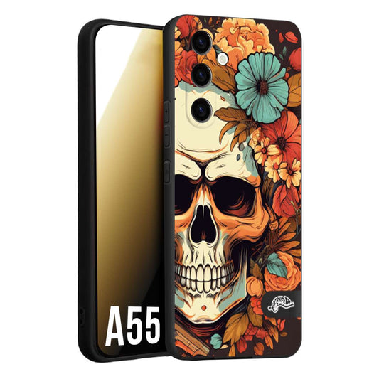 CUSTOMIZZA - Custodia cover nera morbida in tpu compatibile per Samsung A55 5G teschio skull flowers fiori autunnali arancio celeste tattoo