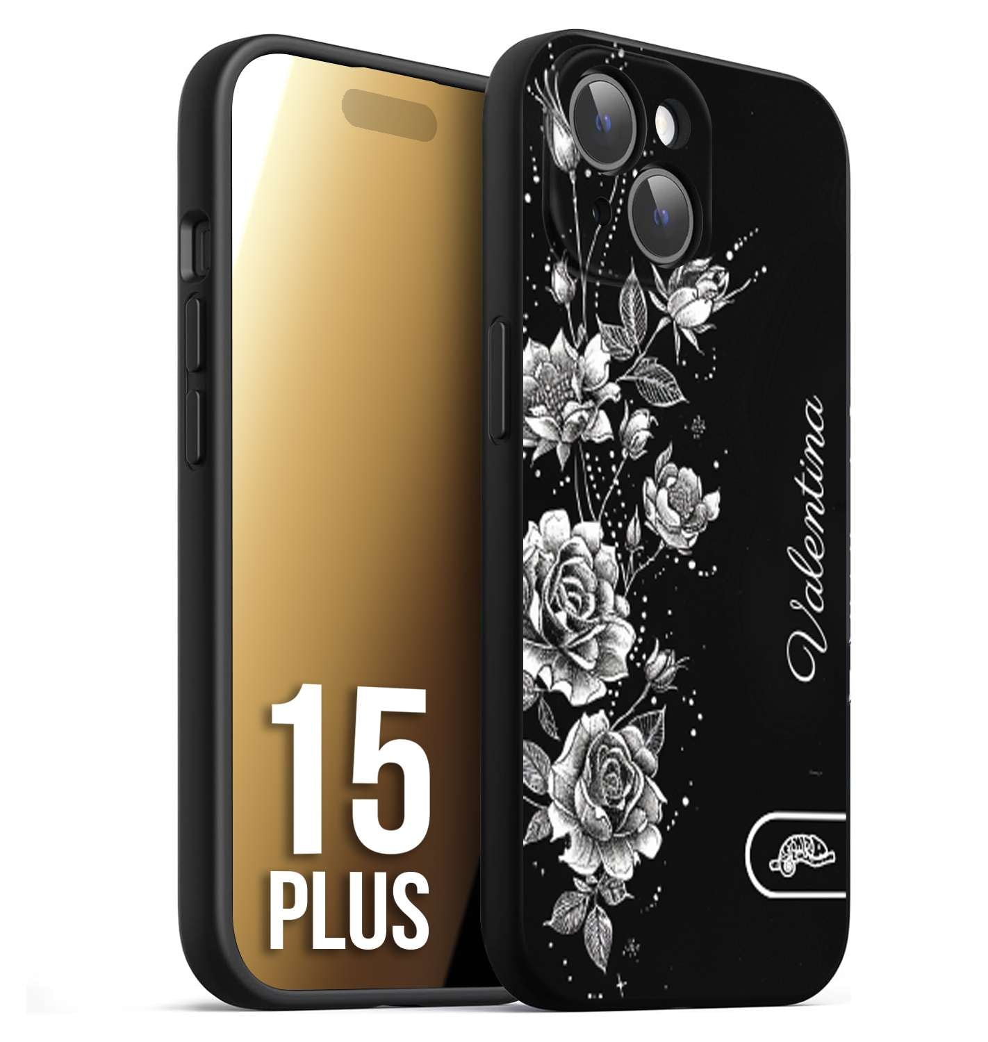 CUSTOMIZZA - Custodia cover nera morbida in tpu compatibile per iPhone 15 PLUS a rilievo soft touch personalizzata nome rose fiori donna