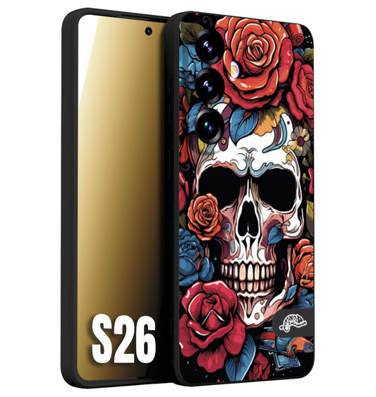 CUSTOMIZZA - Custodia cover nera morbida in tpu compatibile per Samsung S26 teschio skull flowers fiori rose rosse tattoo disegnato
