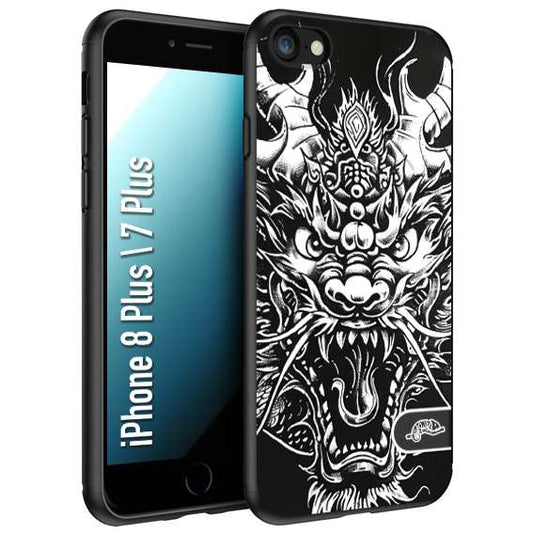 CUSTOMIZZA - Custodia cover nera morbida in tpu compatibile per iPhone 7 Plus - 8 plus drago black and white bianco a rilievo disegnato tattoo tatuaggio