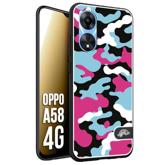 CUSTOMIZZA - Custodia cover nera morbida in tpu compatibile per Oppo A58 4G camouflage mimetico militare fucsia celeste