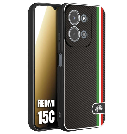 CUSTOMIZZA - Custodia cover nera morbida in tpu compatibile per Xiaomi Redmi 15C effetto fibra di carbonio bandiera Italia made in Italy