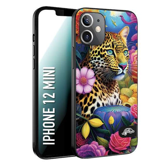 CUSTOMIZZA - Custodia cover nera morbida in tpu compatibile per iPhone 12 MINI astratti donna flower fantasia leopardo ghepardo animali colorati