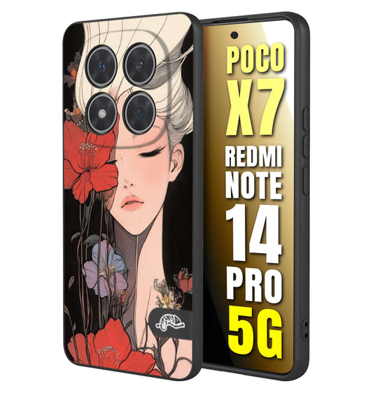 CUSTOMIZZA - Custodia cover nera morbida in tpu compatibile per Xiaomi Redmi Note 14 PRO 5G woman flower Fantasia Floreale Design Donna e Fiori, Retro Artistico