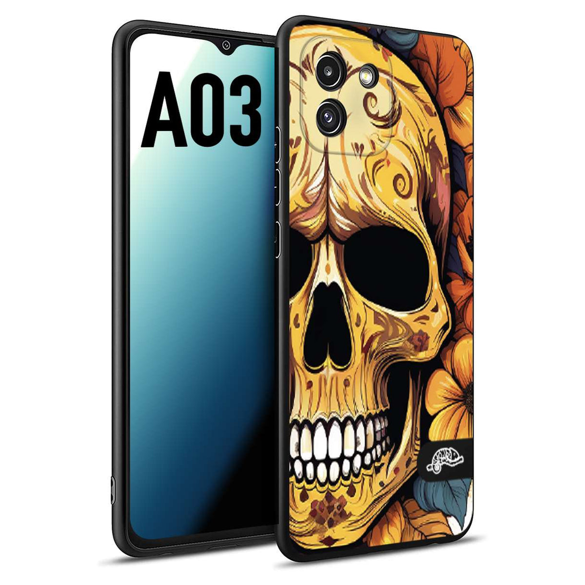 CUSTOMIZZA - Custodia cover nera morbida in tpu compatibile per Samsung A03 teschio messicano colorato dorato fiori autunnali disegnato