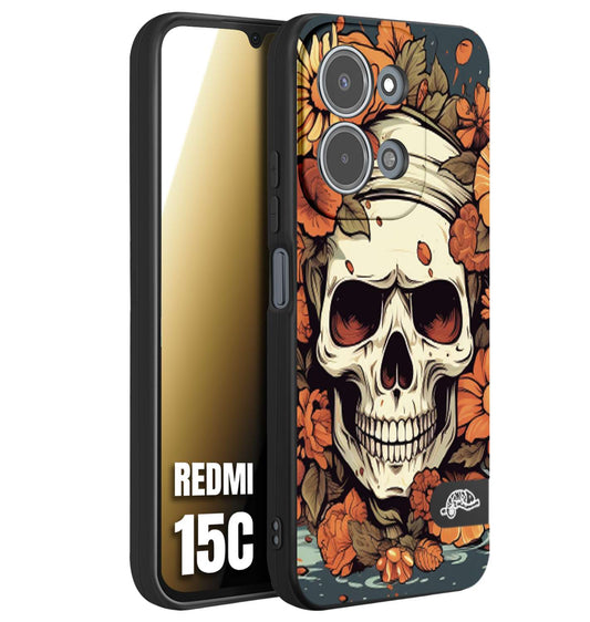 CUSTOMIZZA - Custodia cover nera morbida in tpu compatibile per Xiaomi Redmi 15C teschio skull flowers fiori tattoo disegnato alta definizione
