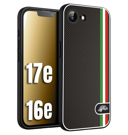CUSTOMIZZA - Custodia cover nera morbida in tpu compatibile per iPhone 16E - 17E effetto fibra di carbonio bandiera Italia made in Italy