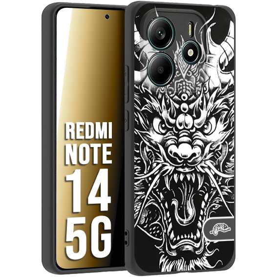 CUSTOMIZZA - Custodia cover nera morbida in tpu compatibile per Xiaomi Redmi Note 14 5G drago black and white bianco a rilievo disegnato tattoo tatuaggio