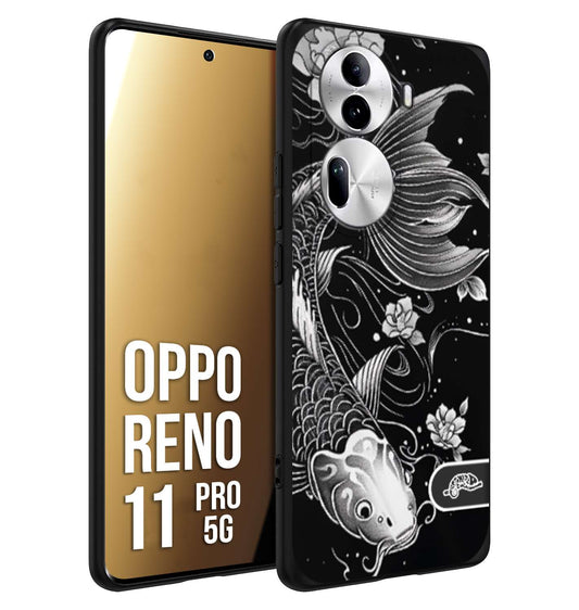 CUSTOMIZZA - Custodia cover nera morbida in tpu compatibile per Oppo Reno 11 PRO 5G carpa koi black and white bianco a rilievo disegnato tattoo tatuaggio