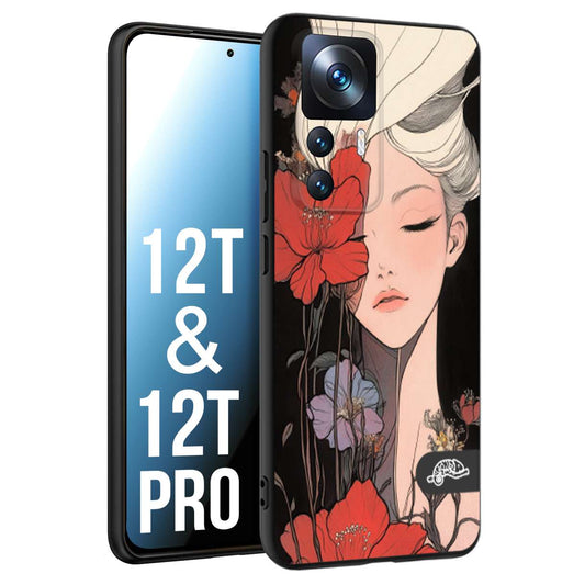 CUSTOMIZZA - Custodia cover nera morbida in tpu compatibile per Xiaomi 12T - 12T PRO woman flower Fantasia Floreale Design Donna e Fiori, Retro Artistico