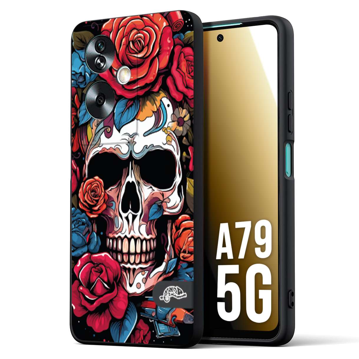 CUSTOMIZZA - Custodia cover nera morbida in tpu compatibile per Oppo A79 5G teschio skull flowers fiori rose rosse tattoo disegnato