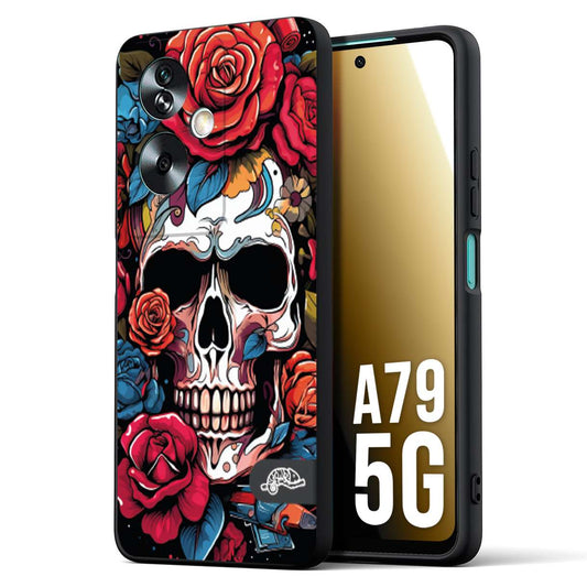 CUSTOMIZZA - Custodia cover nera morbida in tpu compatibile per Oppo A79 5G teschio skull flowers fiori rose rosse tattoo disegnato