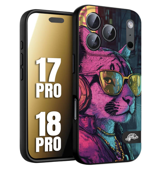 CUSTOMIZZA - Custodia cover nera morbida in tpu compatibile per iPhone 17 PRO - 18 PRO animali cyberpunk pantera street cat fucsia blu giallo