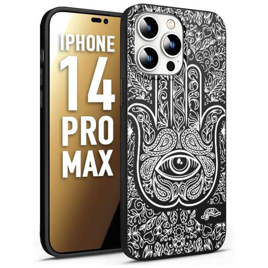 CUSTOMIZZA - Custodia cover nera morbida in tpu compatibile per iPhone 14 PRO MAX mano di fatima effetto rilievo mandala donna