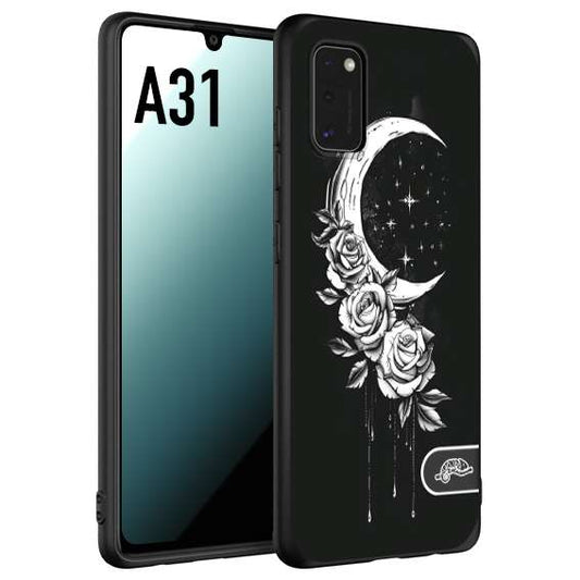 CUSTOMIZZA - Custodia cover nera morbida in tpu compatibile per Samsung A31 luna e fiori moon flowers black and white bianco a rilievo disegnato