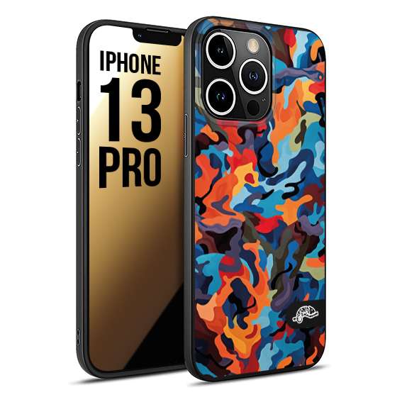 CUSTOMIZZA - Custodia cover nera morbida in tpu compatibile per iPhone 13 PRO camouflage mimetico militare moderno blu arancio rosso