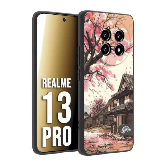 CUSTOMIZZA - Custodia cover nera morbida in tpu compatibile per Realme 13 PRO casa giapponese rosa ciliegio in fiore disegnata tattoo