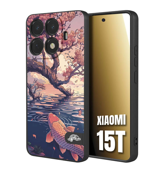 CUSTOMIZZA - Custodia cover nera morbida in tpu compatibile per Xiaomi 15T giapponese lago carpa koi rosa con foglie d'acero disegnata tattoo