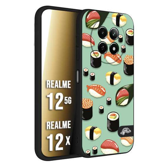 CUSTOMIZZA - Custodia cover nera morbida in tpu compatibile per Realme 12 5G - 12X sushi disegni giapponese nighiri acquamarina verde
