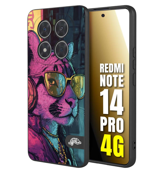CUSTOMIZZA - Custodia cover nera morbida in tpu compatibile per Xiaomi Redmi Note 14 PRO 4G animali cyberpunk pantera street cat fucsia blu giallo