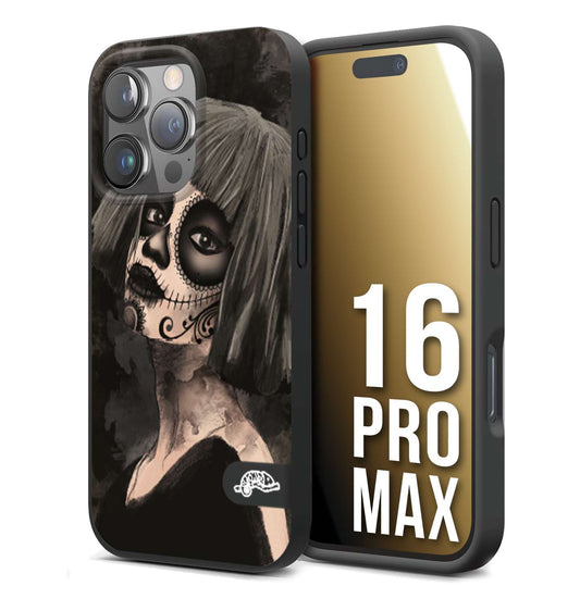 CUSTOMIZZA - Custodia cover nera morbida in tpu compatibile per iPhone 16 PRO MAX chicana messicana dea de la muerte donna santa tattoo disegnata