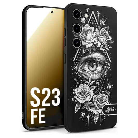 CUSTOMIZZA - Custodia cover nera morbida in tpu compatibile per Samsung S23 FE occhio fiori rombo geometrico black and white bianco a rilievo disegnato tattoo tatuaggio