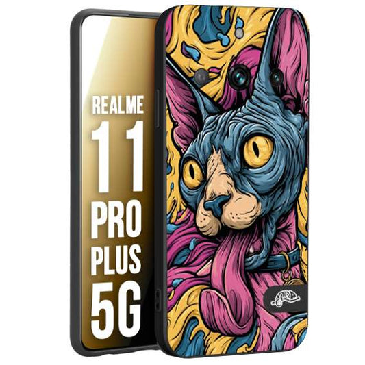 CUSTOMIZZA - Custodia cover nera morbida in tpu compatibile per Realme 11 PRO PLUS 5G Sphynx Colorato Pop Art Psichedelico Gatto Blu Rosa Giallo Artistica Fantasy