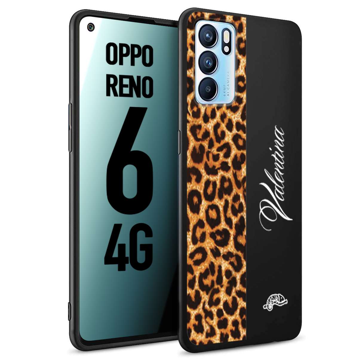 CUSTOMIZZA - Custodia cover nera morbida in tpu compatibile per Oppo Reno 6 4G custom nome scritta leopardato maculato donna marrone leopard