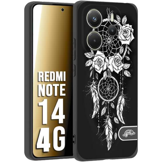 CUSTOMIZZA - Custodia cover nera morbida in tpu compatibile per Xiaomi Redmi Note 14 4G acchiappasogni dreamcatcher black and white bianco a rilievo disegnato tattoo tatuaggio