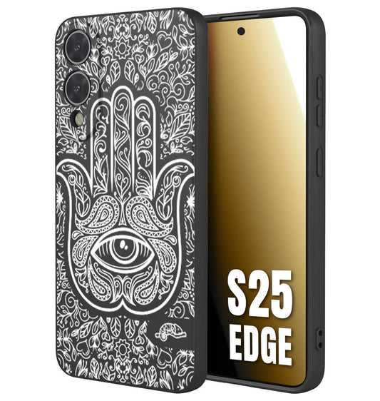 CUSTOMIZZA - Custodia cover nera morbida in tpu compatibile per Samsung S25 EDGE mano di fatima effetto rilievo mandala donna