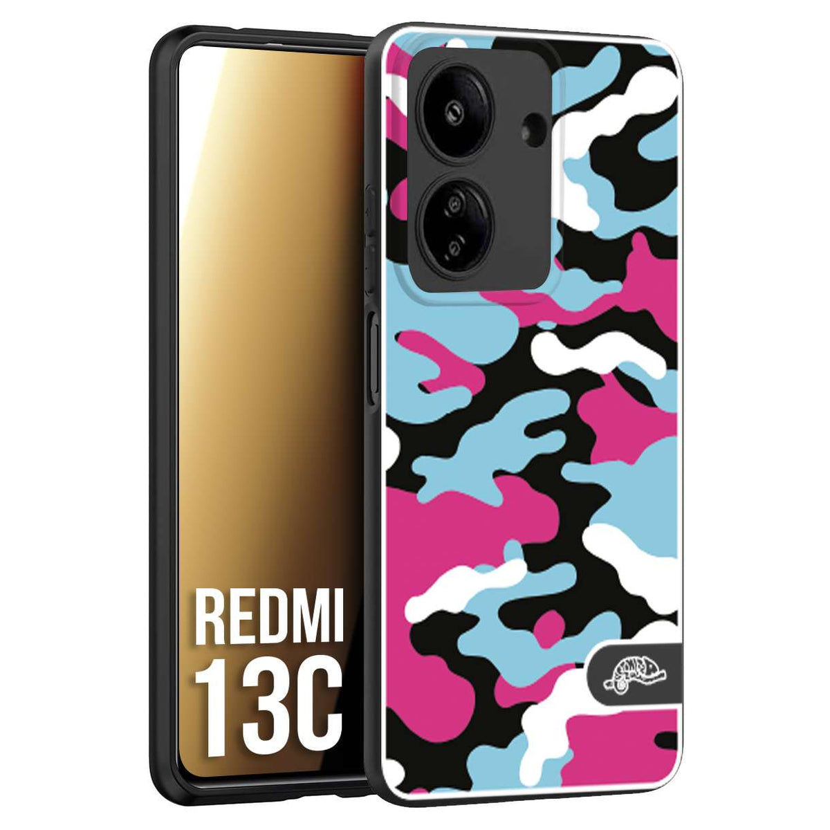 CUSTOMIZZA - Custodia cover nera morbida in tpu compatibile per Xiaomi Redmi 13C camouflage mimetico militare fucsia celeste