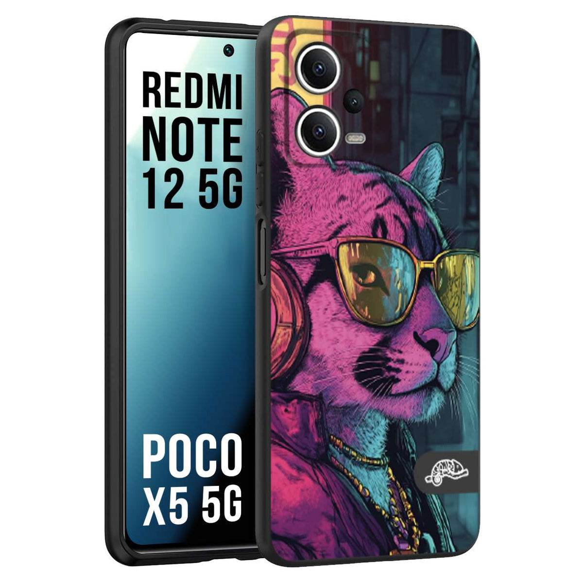 CUSTOMIZZA - Custodia cover nera morbida in tpu compatibile per Xiaomi Redmi Note 12 5G - POCO X5 5G animali cyberpunk pantera street cat fucsia blu giallo